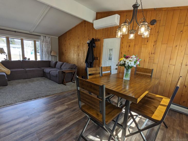 Dining room, Interior, Living room, Pendant Lights, Wood Texture Flooring, Wooden Walls