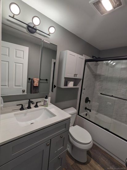 Bathroom, Glass Shower, Interior, Wood Texture Flooring