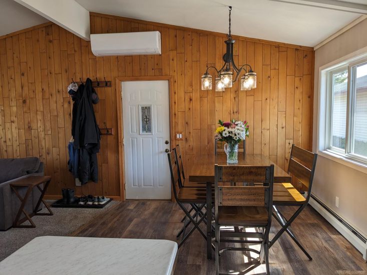 Dining room, Interior, Pendant Lights, Wood Texture Flooring, Wooden Walls