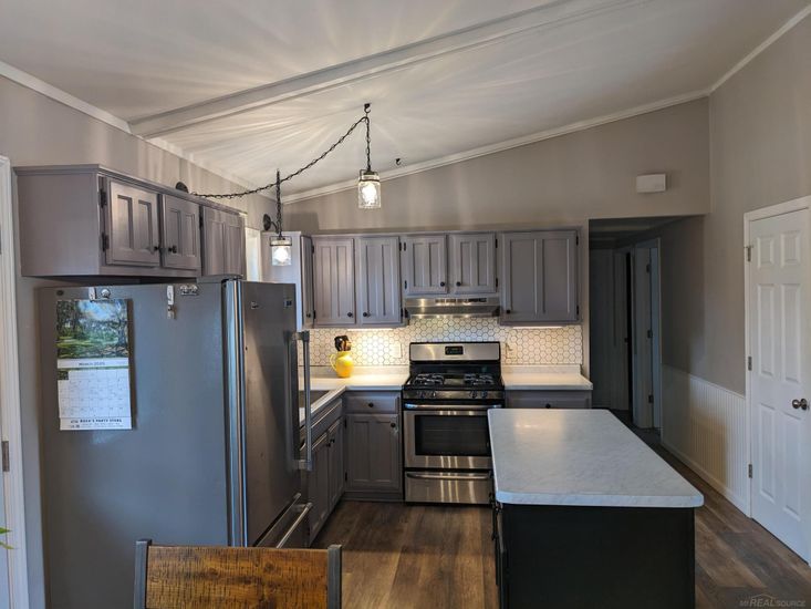 Interior, Kitchen, Pendant Lights, Stainless Steel Appliances, Wood Texture Flooring