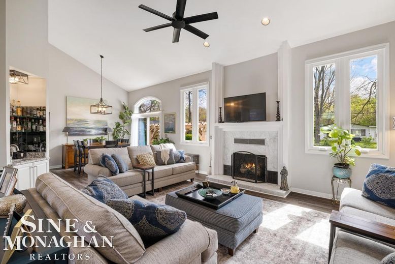 Dining room, Fireplace, Interior, Living room, Pendant Lights, Recessed Lighting