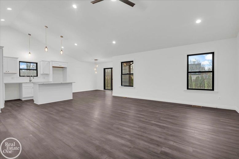 Empty room, Interior, Kitchen, Pendant Lights, Recessed Lighting, Wood Texture Flooring
