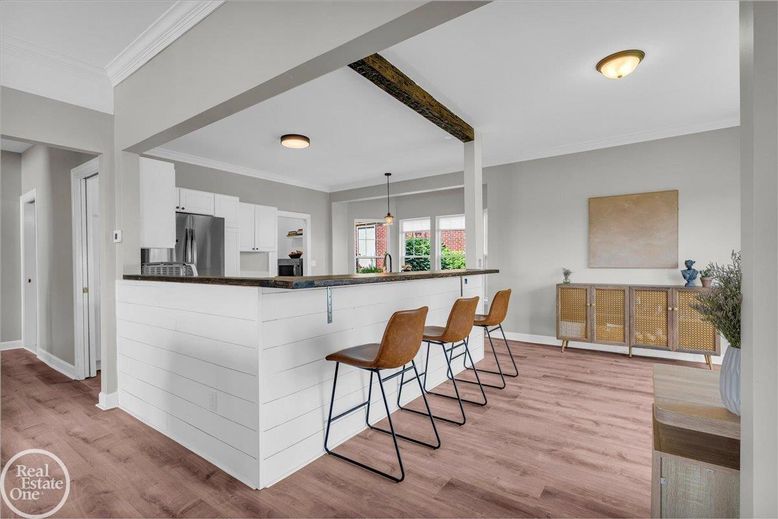 Interior, Kitchen, Pendant Lights, Stainless Steel Appliances, Wood Texture Flooring