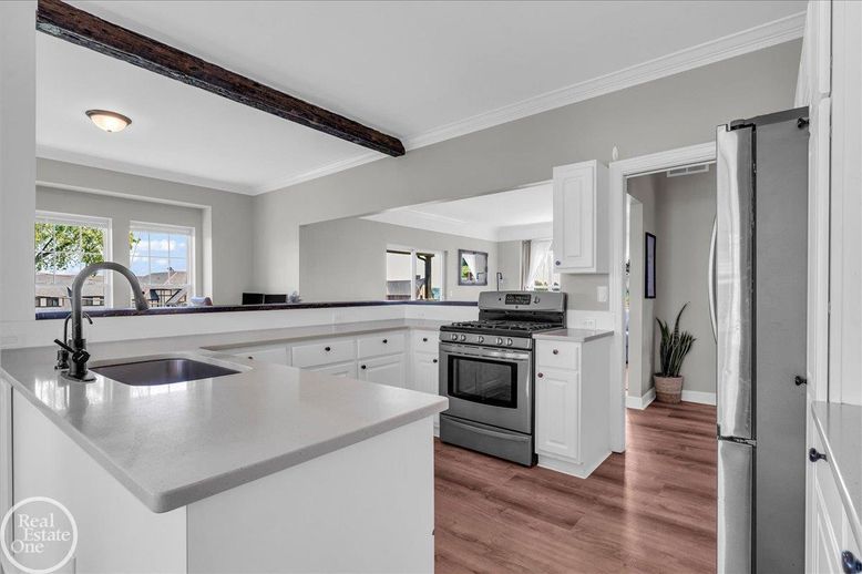 Interior, Kitchen, Stainless Steel Appliances, Wooden Beams, Wood Texture Flooring