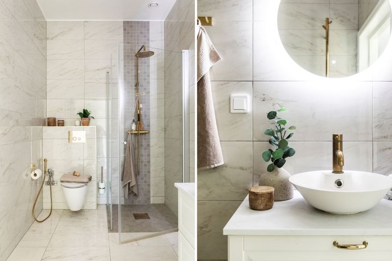 Bathroom, Free Standing Baths, Glass Shower, Interior, Marble, Marble Walls
