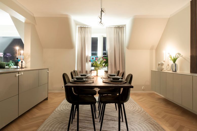 Dining room, Interior, Pendant Lights, Wood Texture Flooring