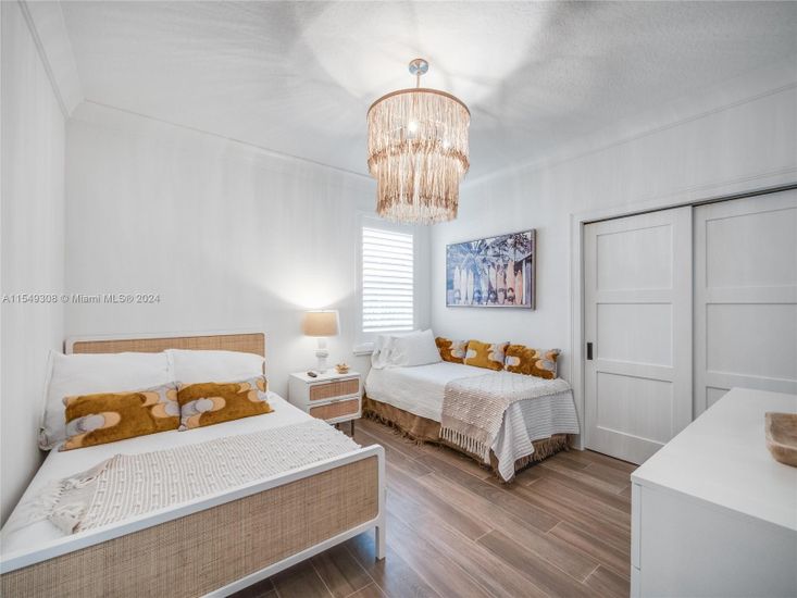 Bedroom, Chandelier, Interior, Wood Texture Flooring