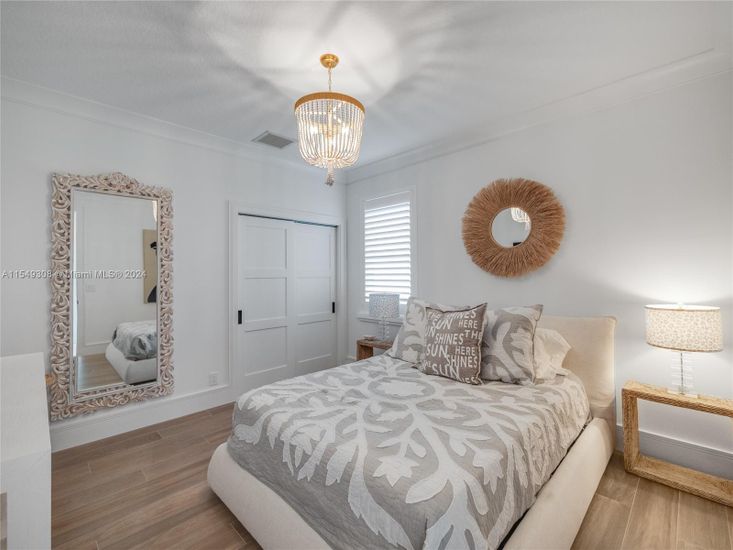 Bedroom, Chandelier, Interior, Wood Texture Flooring