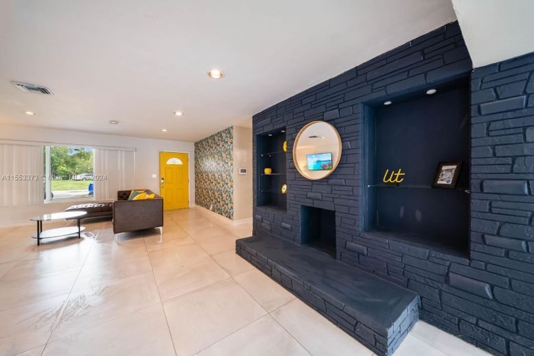 Fireplace, Interior, Recessed Lighting, Stone Walls