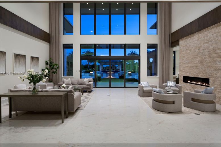 Fireplace, Interior, Living room, Marble, Recessed Lighting, Stone Walls
