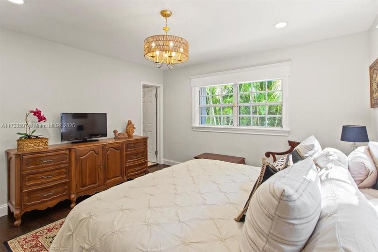 Bedroom, Chandelier, Interior, Recessed Lighting, Wood Texture Flooring