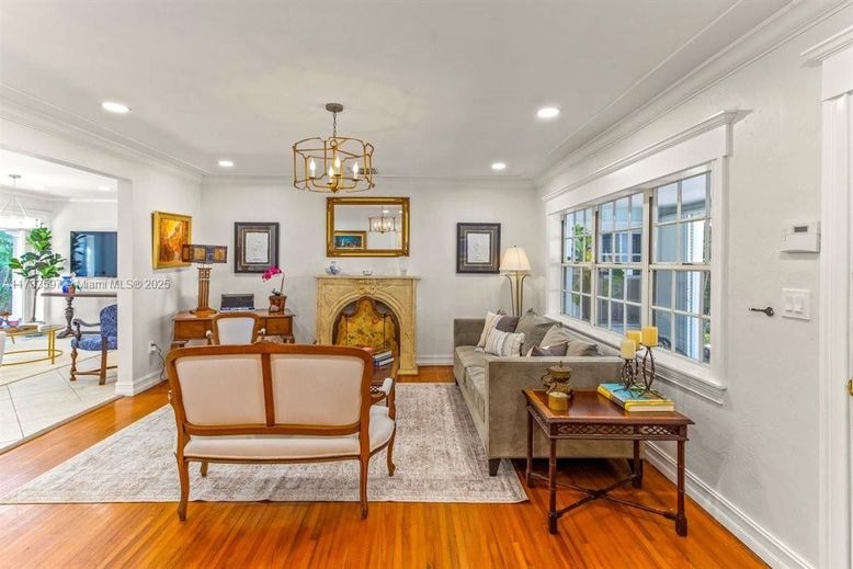 Chandelier, Fireplace, Interior, Living room, Recessed Lighting, Wood Texture Flooring