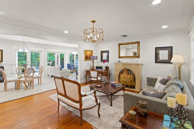 Chandelier, Dining room, Fireplace, Interior, Living room, Recessed Lighting, Wood Texture Flooring