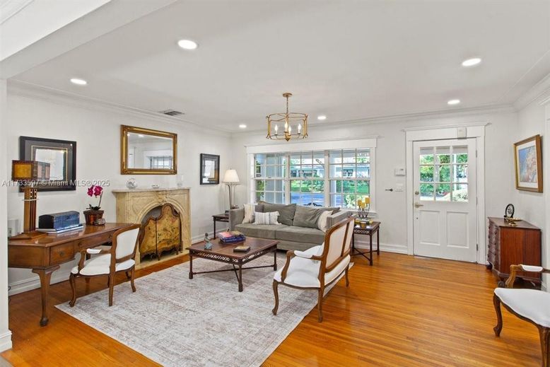 Fireplace, Home Office, Interior, Living room, Recessed Lighting, Wood Texture Flooring