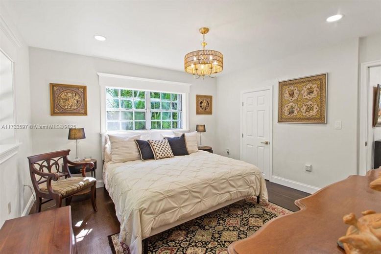 Bedroom, Chandelier, Interior, Recessed Lighting, Wood Texture Flooring