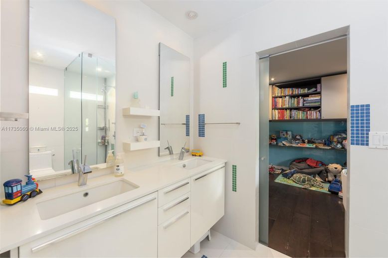 Bathroom, Dual Sink Vanities, Glass Shower, Interior, Recessed Lighting, Wood Texture Flooring