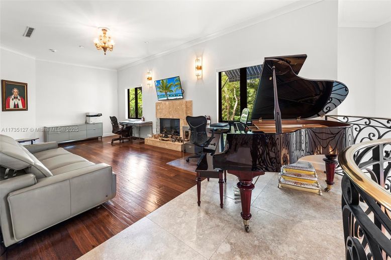 Chandelier, Fireplace, Home Office, Interior, Living room, Piano, Wood Texture Flooring