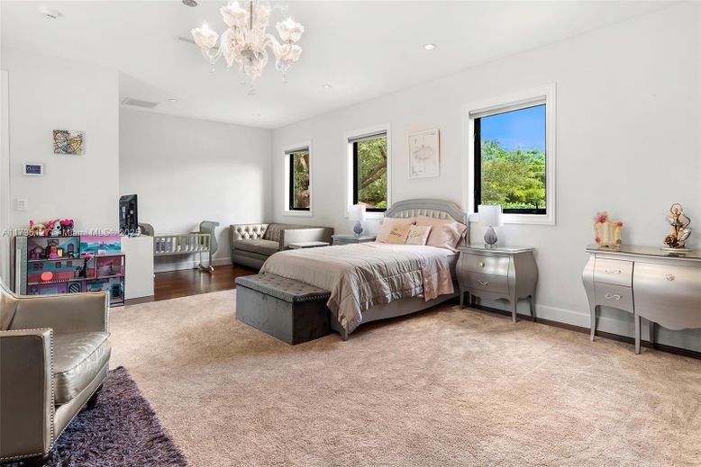 Bedroom, Chandelier, Interior, Recessed Lighting, Wood Texture Flooring