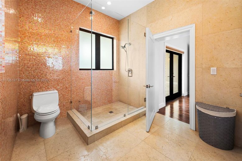 Bathroom, Glass Shower, Interior, Recessed Lighting, Wood Texture Flooring
