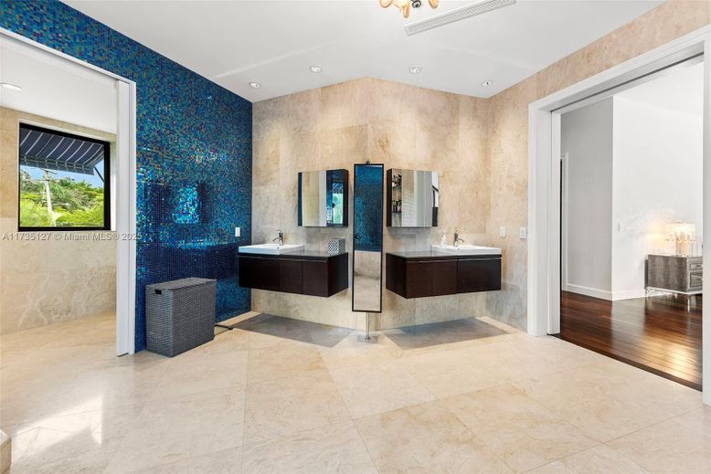 Bathroom, Dual Sink Vanities, Interior, Recessed Lighting, Wood Texture Flooring