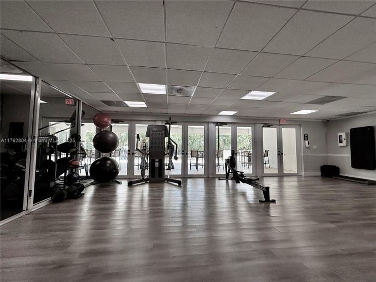 Fitness Equipment, Gym, Interior, Recessed Lighting, Wood Texture Flooring