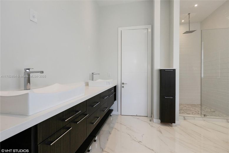 Bathroom, Dual Sink Vanities, Glass Shower, Interior, Marble, Recessed Lighting