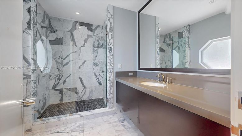 Bathroom, Glass Shower, Interior, Marble, Marble Walls, Recessed Lighting