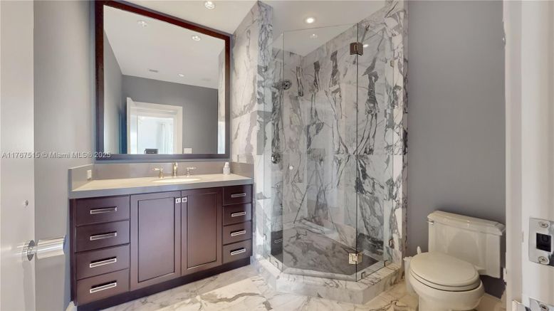 Bathroom, Glass Shower, Interior, Marble, Marble Walls, Recessed Lighting