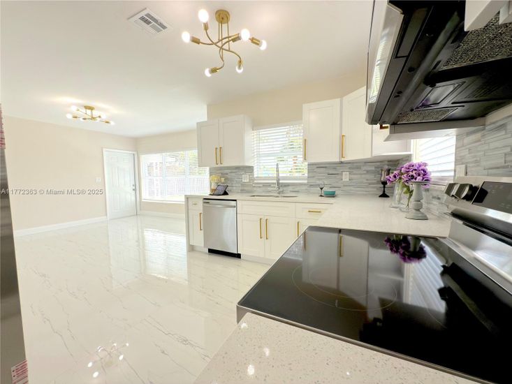 Interior, Kitchen, Marble, Pendant Lights, Stainless Steel Appliances