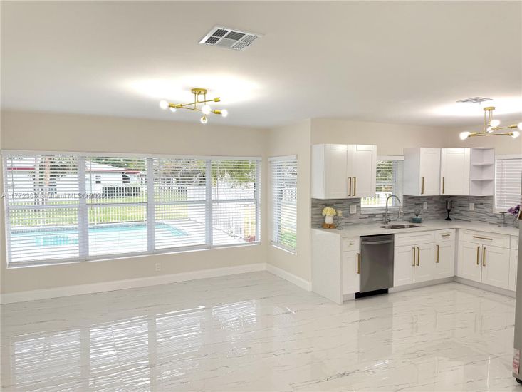 Interior, Kitchen, Marble, Pendant Lights, Stainless Steel Appliances