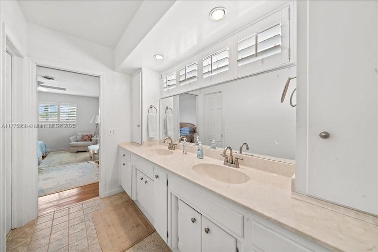 Bathroom, Dual Sink Vanities, Interior, Recessed Lighting, Wood Texture Flooring