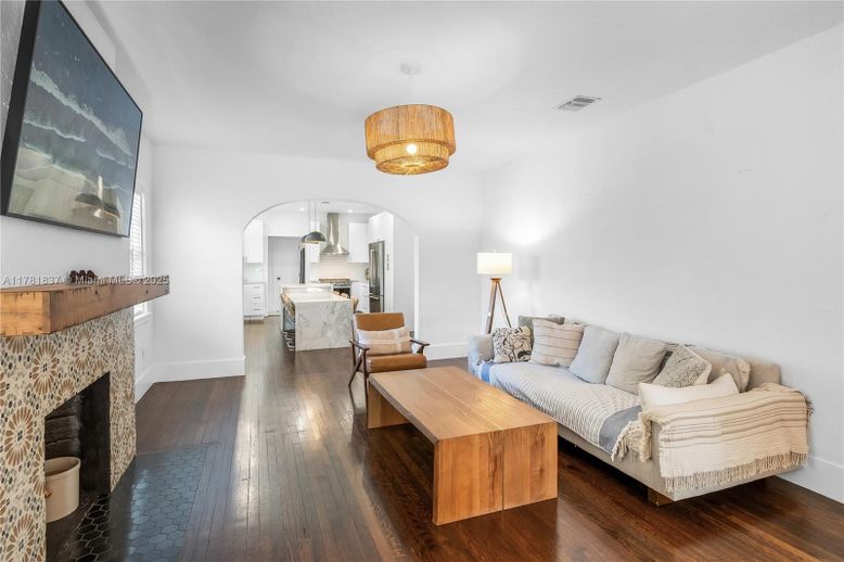 Fireplace, Interior, Kitchen, Living room, Pendant Lights, Wood Texture Flooring