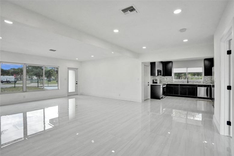 Empty room, Interior, Kitchen, Recessed Lighting, Stainless Steel Appliances, Water
