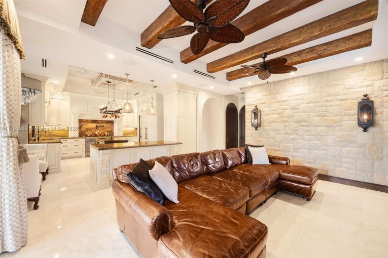 Interior, Kitchen, Living room, Pendant Lights, Recessed Lighting, Stone Walls, Wooden Beams
