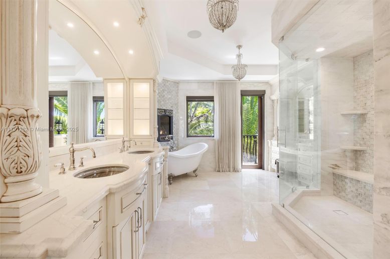 Bathroom, Dual Sink Vanities, Free Standing Baths, Glass Shower, Interior, Marble Walls, Recessed Lighting