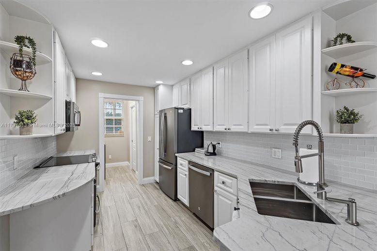 Interior, Kitchen, Recessed Lighting, Stainless Steel Appliances, Wood Texture Flooring