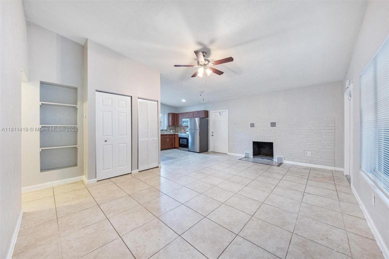 Empty room, Fireplace, Interior, Kitchen, Recessed Lighting, Stone Walls
