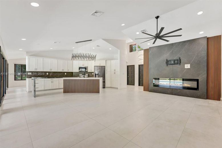 Fireplace, Interior, Kitchen, Pendant Lights, Recessed Lighting, Stainless Steel Appliances
