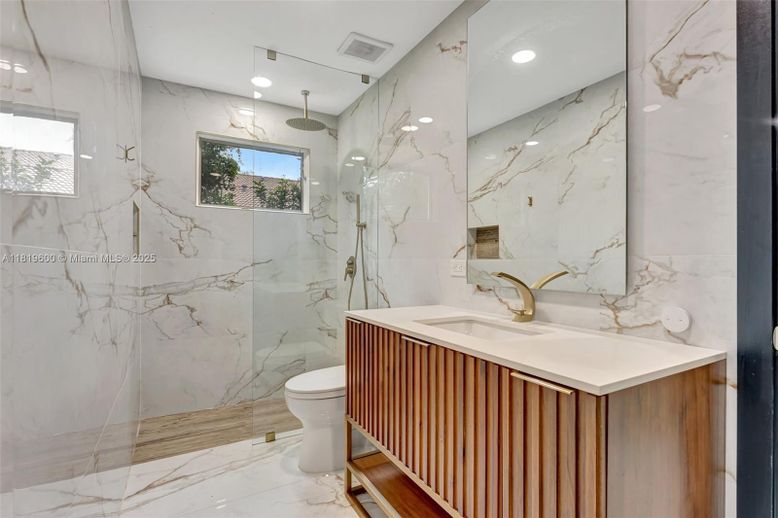 Bathroom, Glass Shower, Interior, Marble, Marble Walls, Recessed Lighting