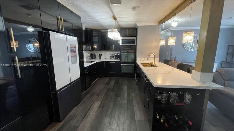 Interior, Kitchen, Pendant Lights, Stainless Steel Appliances, Wood Texture Flooring