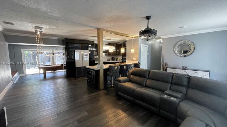Interior, Kitchen, Living room, Pendant Lights, Wood Texture Flooring
