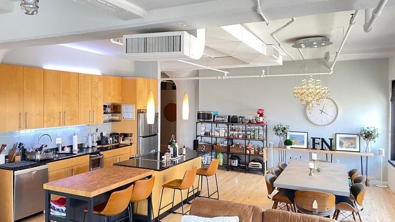 Dining room, Interior, Kitchen, Pendant Lights, Stainless Steel Appliances, Wood Texture Flooring
