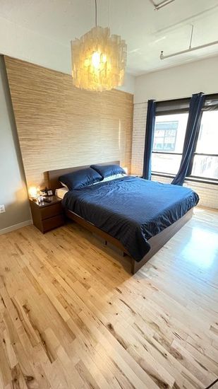 Bedroom, Interior, Pendant Lights, Wood Texture Flooring