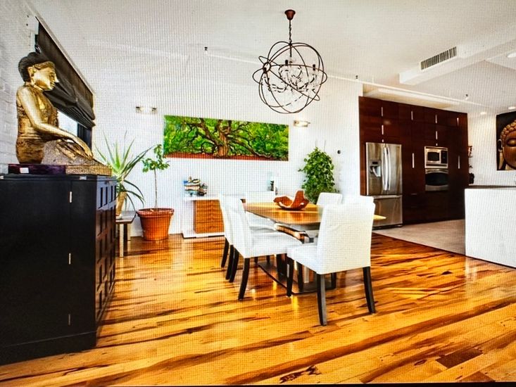 Chandelier, Dining room, Interior, Kitchen, Pendant Lights, Recessed Lighting, Stainless Steel Appliances, Wood Texture Flooring