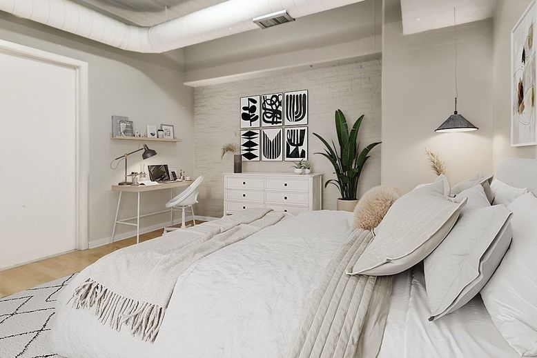 Bedroom, Interior, Stone Walls, Wood Texture Flooring