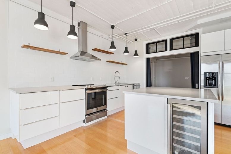 Interior, Kitchen, Pendant Lights, Stainless Steel Appliances, Wood Texture Flooring