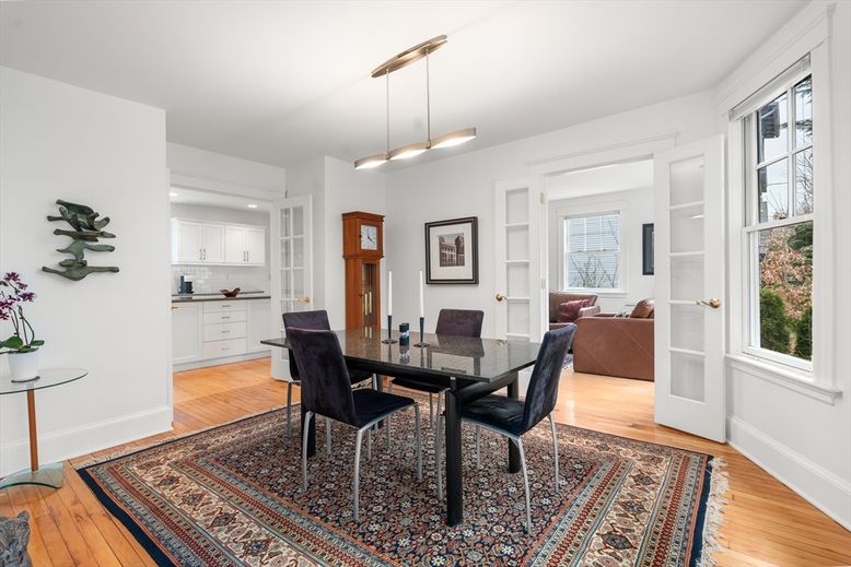 Dining room, Interior, Living room, Pendant Lights, Recessed Lighting, Wood Texture Flooring