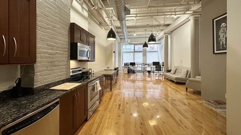 Dining room, Interior, Kitchen, Living room, Pendant Lights, Stone Walls, Wood Texture Flooring