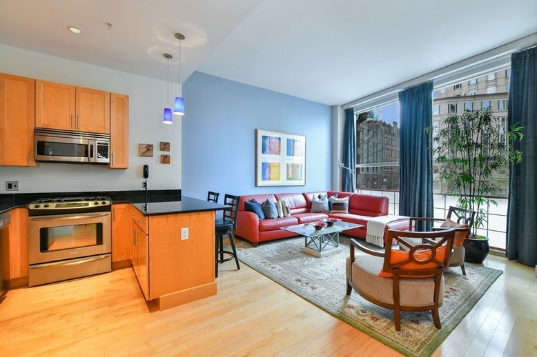 Interior, Kitchen, Living room, Pendant Lights, Recessed Lighting, Stainless Steel Appliances, Wood Texture Flooring