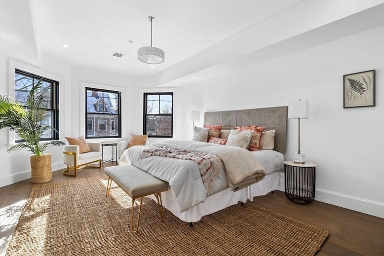 Bedroom, Interior, Pendant Lights, Recessed Lighting, Wood Texture Flooring